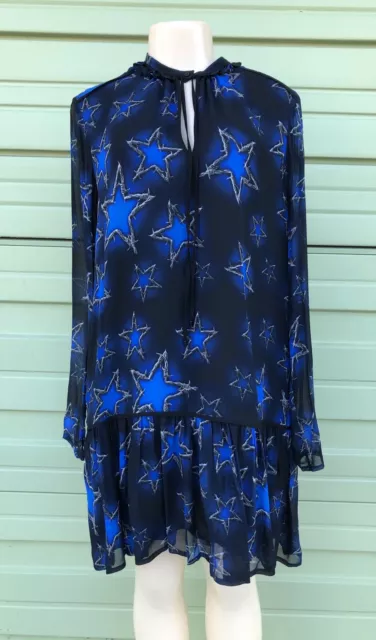 NWT JUST CAVALLI Black Blue Stars barbwire V neck long sleeve dress size 44