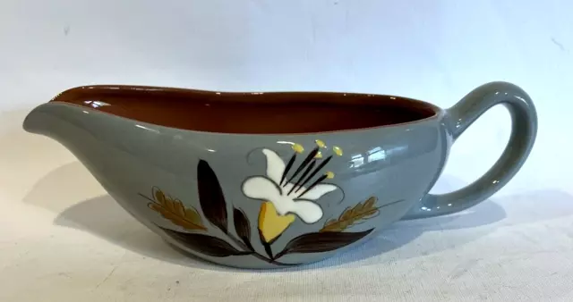 Vintage Gray Brown Stangl Pottery Gravy Boat Golden Harvest Flower Glazed