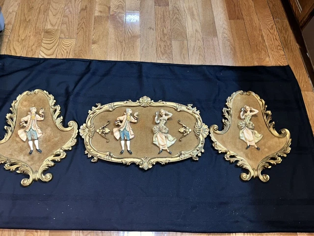Vintage Depose Italy 3 pcs Victorian Dancers Couple Wall Hanging On Velvet