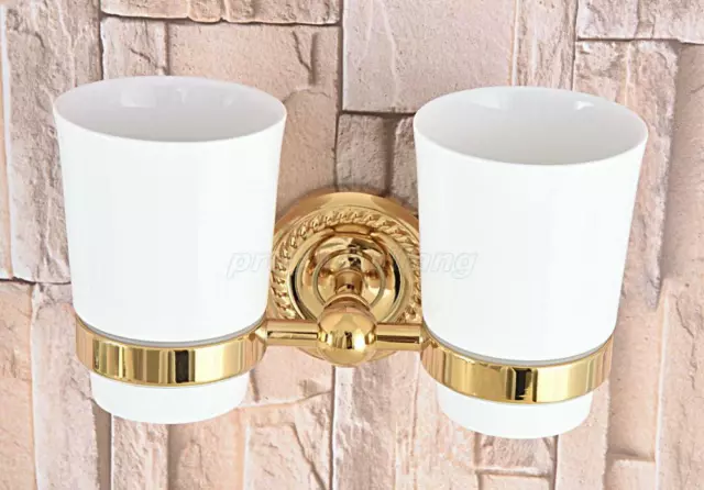 Gold Color Brass Double Tumbler Cup Holder Toothbrush Holder Bathroom Accessory