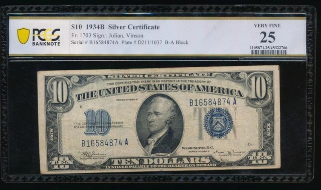 AC 1934B $10 Silver Certificate PCGS 25 Fr 1703 KEY NOTE!