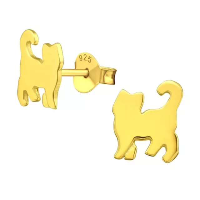 Petite Argento Sterling Placcato Oro Gatto Orecchini a Lobo - Gioielli - Regalo