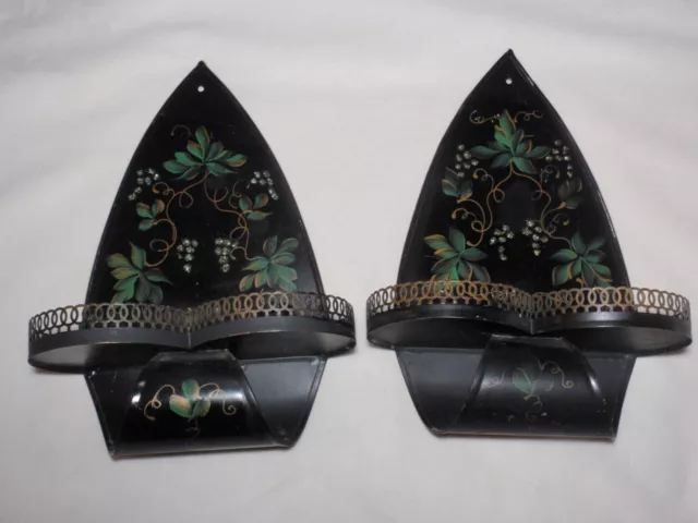Vtg Pair Metal Black Toleware Hand Painted Grapes Wall Sconce Candle Holder