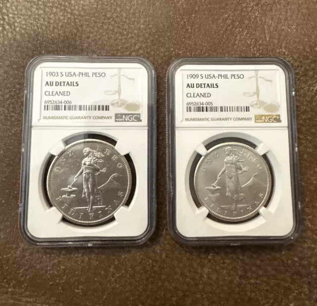 1903-S & 1909-S Us Philippines Silver One Peso Ngc Au Graded 2 Coins