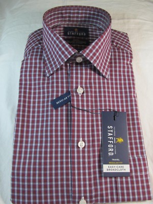 NWT STAFFORD EASY CARE BROADCLOTH  REG. FIT DRESS SHIRT, Burgundy Multi Plaid