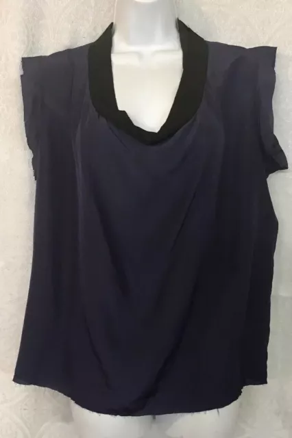 Lanvin Blouse Navy Cap Sleeve Silk Black Trim Neck Size 42