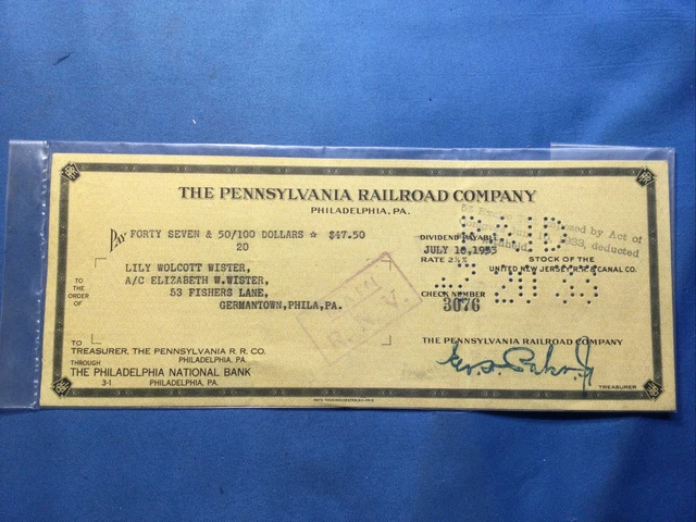 1933 **The Pennsylvania Railroad Co.** Philadelphia National Bank Check