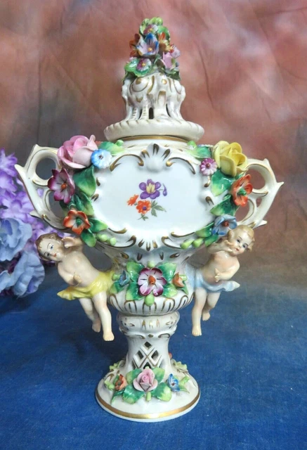 ANTIQUE Porcelain DRESDREN SITZENDORF lidded VASE Urn CHERUBS high relief FLORAL