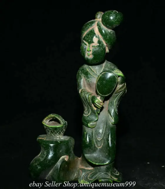8.8" Old Chinese Green Jade Carved Dynasty Maid Beauty Belle Statue Sculpture T