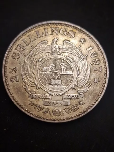 South Africa 1897 2 1/2 Shillings High Grade Lovely Toning Silver Coin Halfcrown