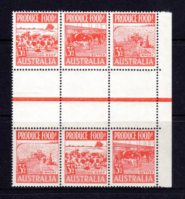 1953 ***MUH*** PRODUCE FOOD 3.5d SCARLET - SE TENANT GUTTER BLOCK of 6 - SUPERB.