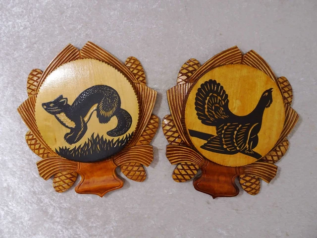 2X Madera Mural Caza Cazador Handgefertigt Rusia Unión Soviética Urogallo Marta
