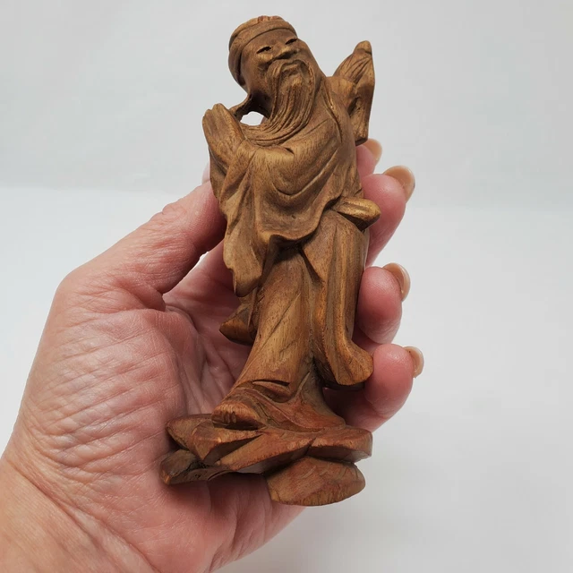 Antique Chinese Statue Hand Carved Wood Old Wise Man Fisherman 5"