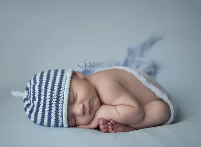 Handgestrickt gehäkelt Baby Mütze Requisite Bambus blau Junge Pixie Prem frühes Neugeborenes - 6M