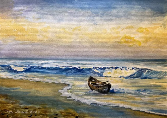 Aquarell Landschaft Marine Meer Boot Ufer 27x20 cm auf Künstlerpapier 300 g