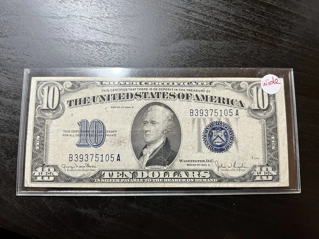 1934 D $10 Ten Dollar Silver Certificate WIDE Nice Note B39375105A