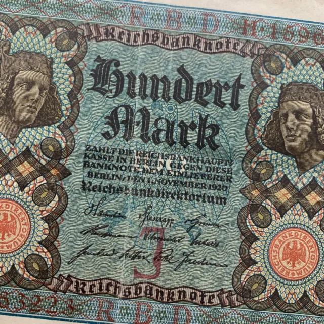 Post WW1 German 1920 100 Mark Banknote Germany Currency WWI Era Paper Money