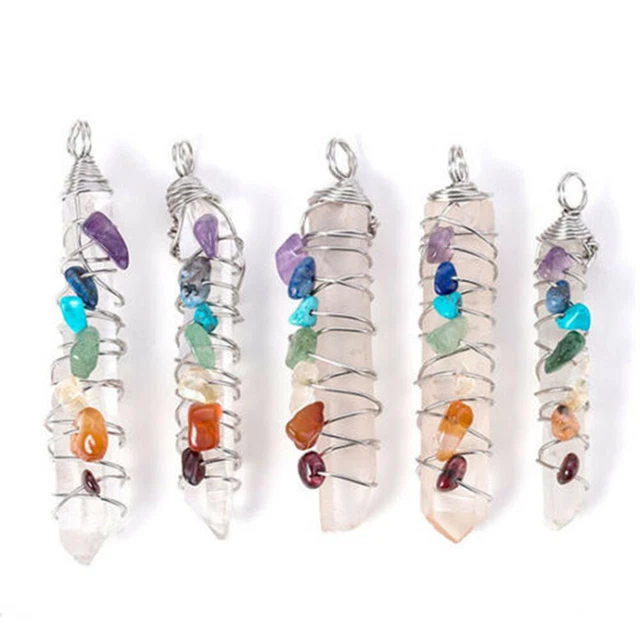 5pcs Natural Crystal 7 Chakra Stone Wire Wrap Quartz Reiki Pendulum Pendant