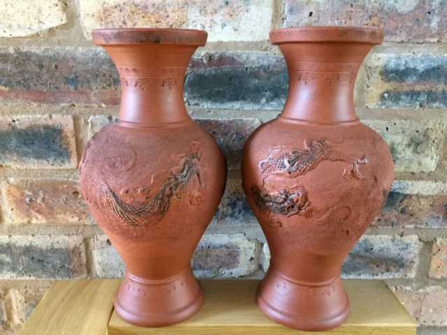 A Superb Pair of Chinese Yixing Terracotta 12" Baluster Vases depicting Dragons