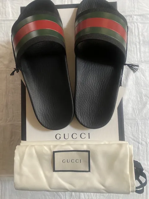 MENS SZ 7UK/8US GUCCI SIGNATURE STRIPE SLIDE SANDALS in BLACK