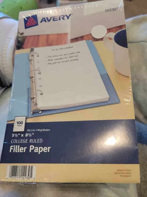 Avery Mini 5 1/2" x 8 1/2" Binder Filler Paper 14230 College Ruled 100 Sheet NEW