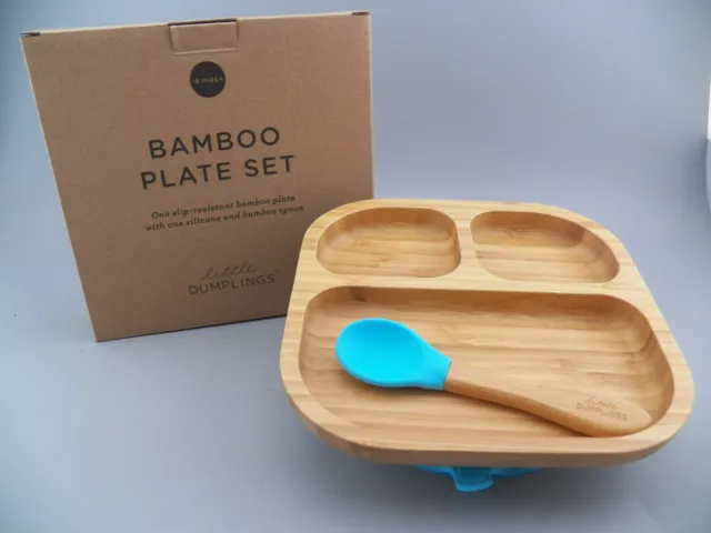 Little Dumplings Bamboo & Silicone Suction Divided Infant 2 pc Plate & Spoon NEW