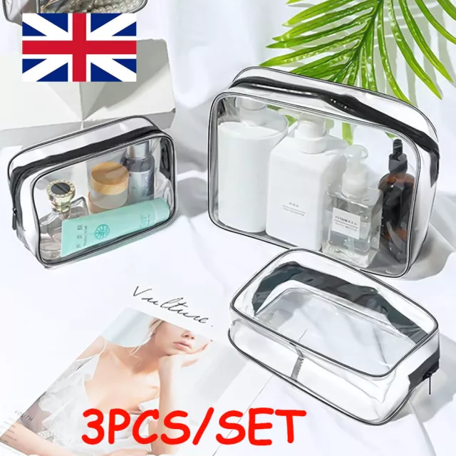 3pc Transparent Travel Bag Airport Cosmetic Makeup Toiletry Clear Wash Pouch Set