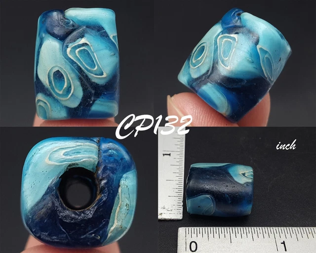 Rare Ethnic Tribal Blue EYE Millefior Glass Barrel Tube Bead #CP132
