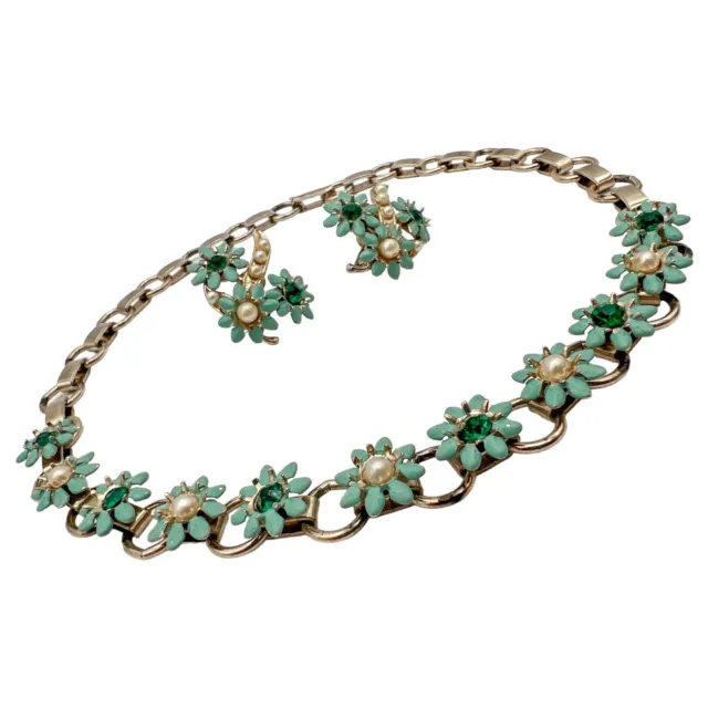 VTG 1960s Unsigned TEAL FLOWER Choker & Earrings Demi-Parure Rhinestones Pearls