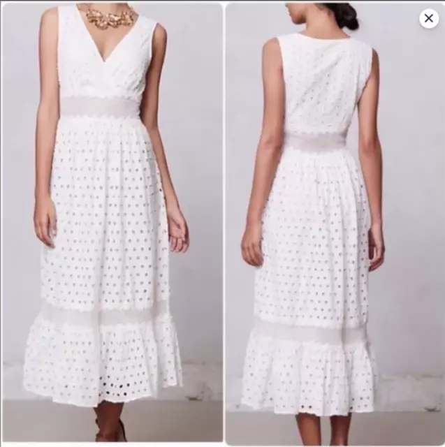 Anthropologie Leifnotes Eyelet Maxi Dress Women's Sz 2 White Sleeveless Cotton