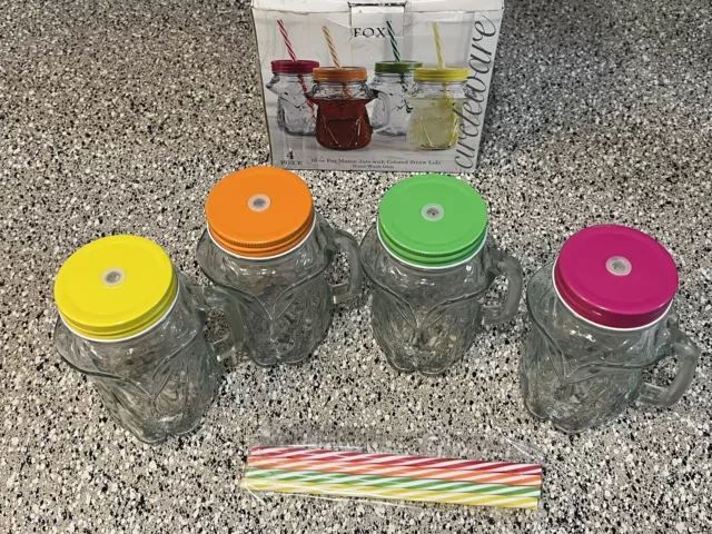 Circleware 16oz Fox  Mason Jar with Straw Lid Clear Glass ~ Set of 4 ~ NEW