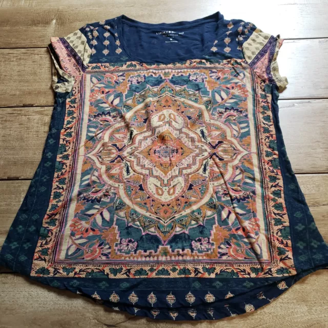 Lucky Brand Shirt Womens Medium Navy Blue Medallion Graphic Casual Bohemian Chic