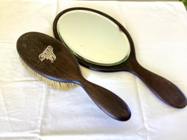 Timber wooden Vanity bevelled hand mirror brush silver set Art Deco