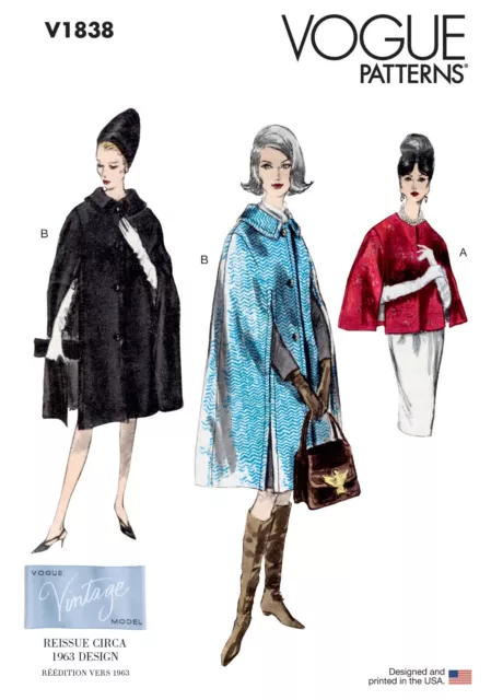 VOGUE SEWING PATTERN 1838 MISSES 8-26 RETRO VINTAGE 1960's CAPE W/ COLLAR OPTION