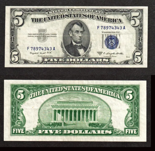 $5 1953-B SC, Fr. 1657 Nice Blue seal and serial number Extremely Fine
