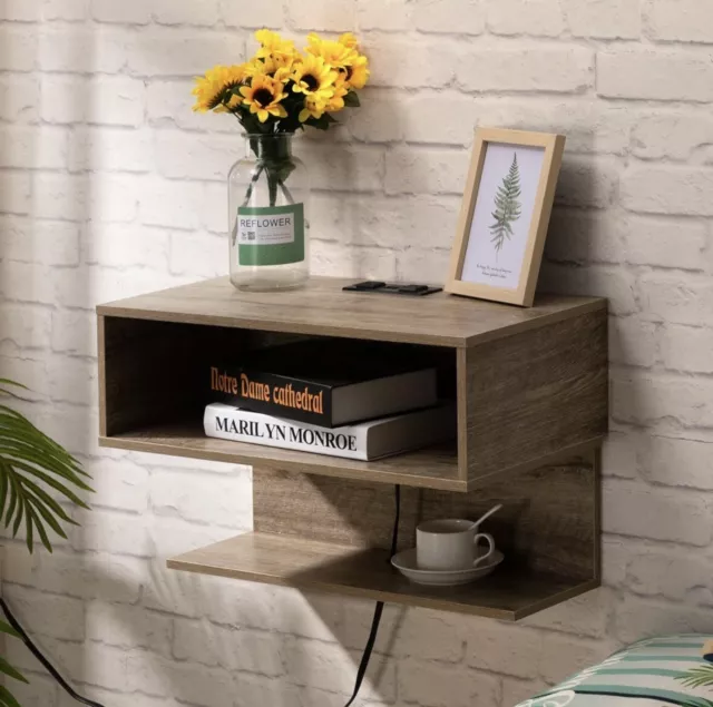 Floating Nightstand with Charging Station Wall Mount Bedside Shelf with Drawer