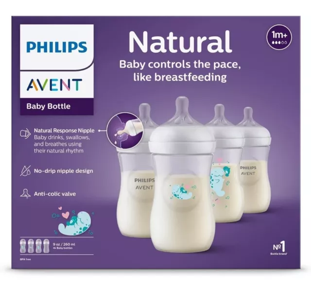 Philips AVENT Natural Baby Bottles Natural Response Manatee Design  9 oz 4 Pack