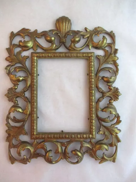 Vintage Heavy Gold Tone Cast Iron Frame Elaborate Filigree Style