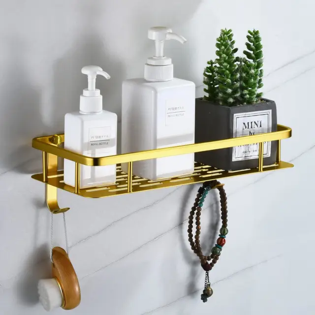 Gold Bathroom Storage Shelves Wall Mounted Space Aluminum Shower Caddy with No