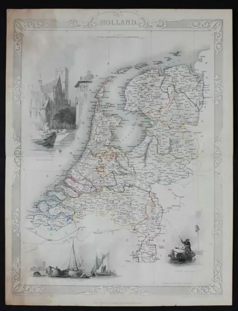 c1860 HOLLAND NETHERLANDS Genuine Antique Map by Rapkin Published by Tallis