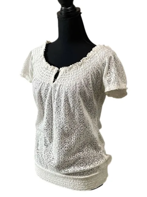 Lucky Brand Ivory Lace Blouse Women’s Size Small Short Sleeve Lacey Shirt Top