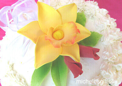 Orquídea de Oro de pasta de azúcar, hojas, flores Decoración Pastel Rosebuds 3" X 4"
