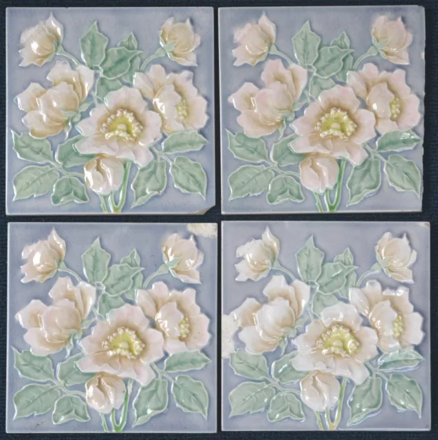 Germany - M O & P F - Antique Art Nouveau Majolica 4 Tile Set  C1900