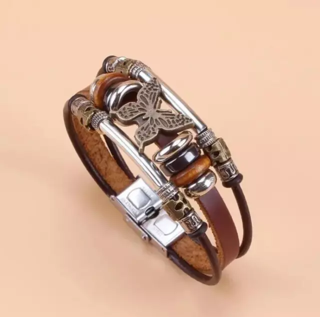 Vintage Butterfly PU Leather Stainless Steel Buckle Bracelet Gift New Men Women