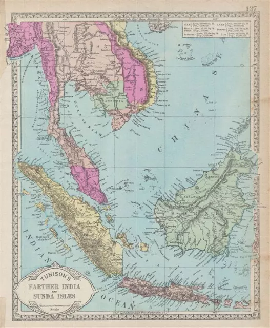 1884 INDIA  EAST INDIES original ANTIQUE MAP authentic HAND COLORED