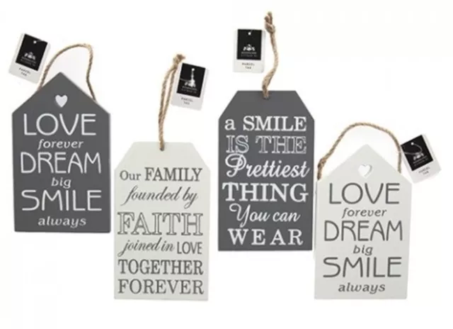 Wooden hanging white grey sign family love smile shabby chic decor cute