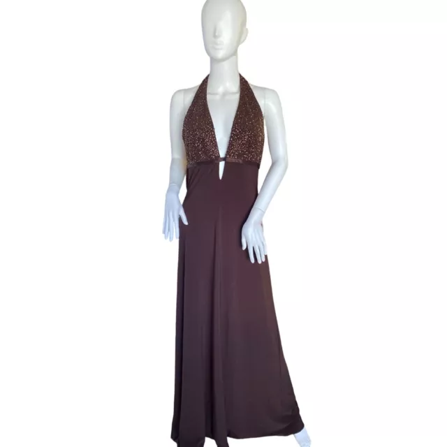 Laundry By Shelli Segal Chocolate Brown Beaded Halter Formal Gown Sz 8