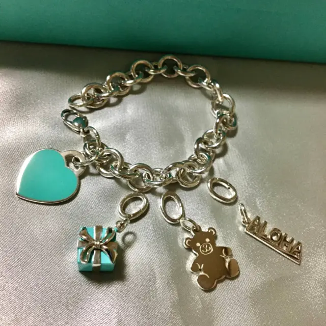 TIFFANY & Co. Blue Enamel Heart Tag Bracelet with 3 Charms ALOHA/Box/Teddy Bear