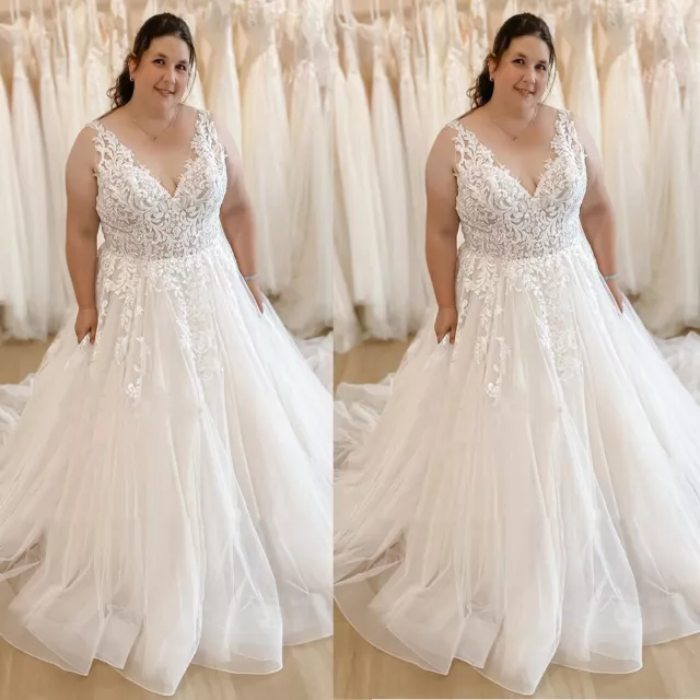 Vestidos de Boda Talla Grande Correas Cuello en V Encaje Apliques Barrido Tren Novia Vestidos