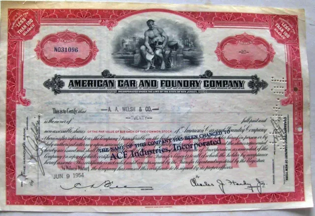 Stock certificate American Car & Foundry Comp. (ACF Industries Inc) 1950's